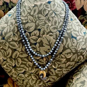 Gray bead necklace, gold accents, smoky gray gemstone 32 inches long